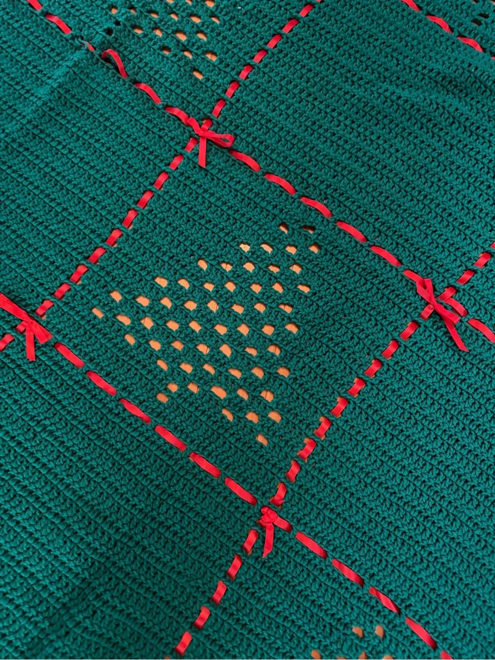 Vintage Hand Crocheted Christmas Afghan Throw Red Ribbon Holiday Blanket 54x75